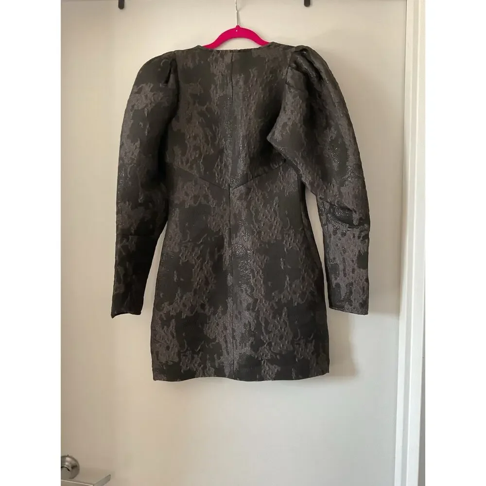 H&M Black Metallic Floral Jacquard V-Neck Puff Sleeve Mini Dress XS Pockets